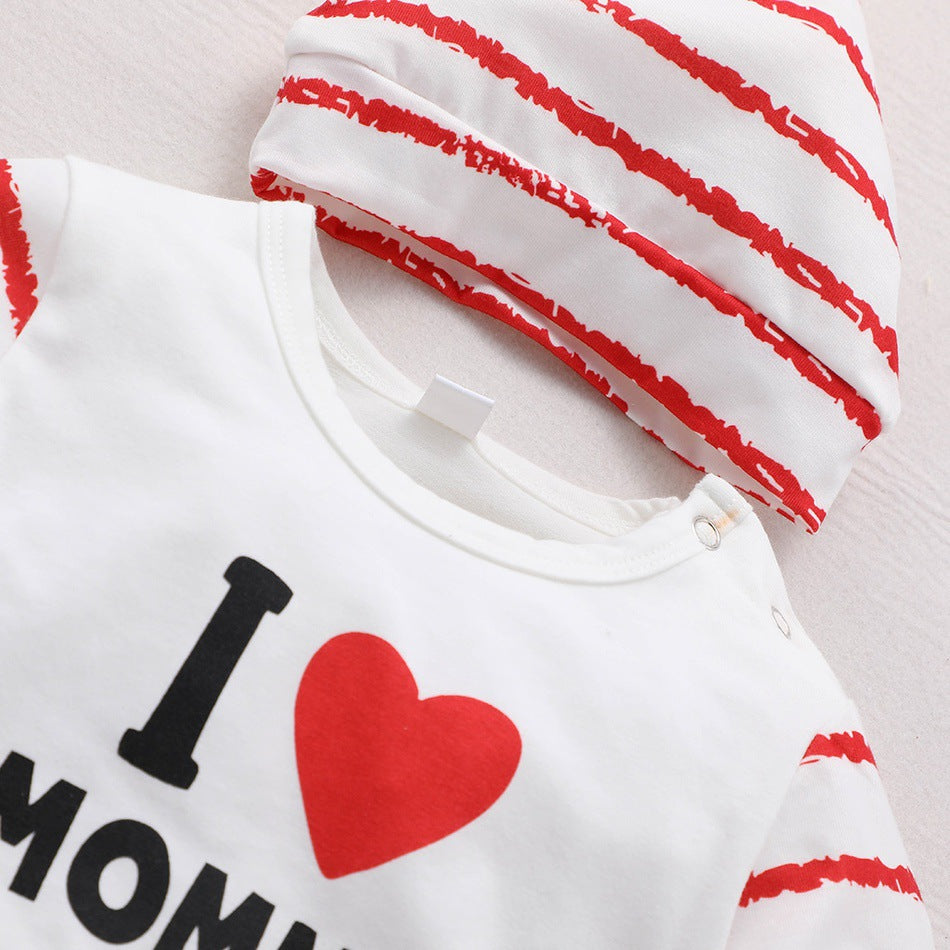 Baby Boys Solid Colour Striped Letter Cartoon Print Long Sleeve Jumpsuit Hat Set - PrettyKid