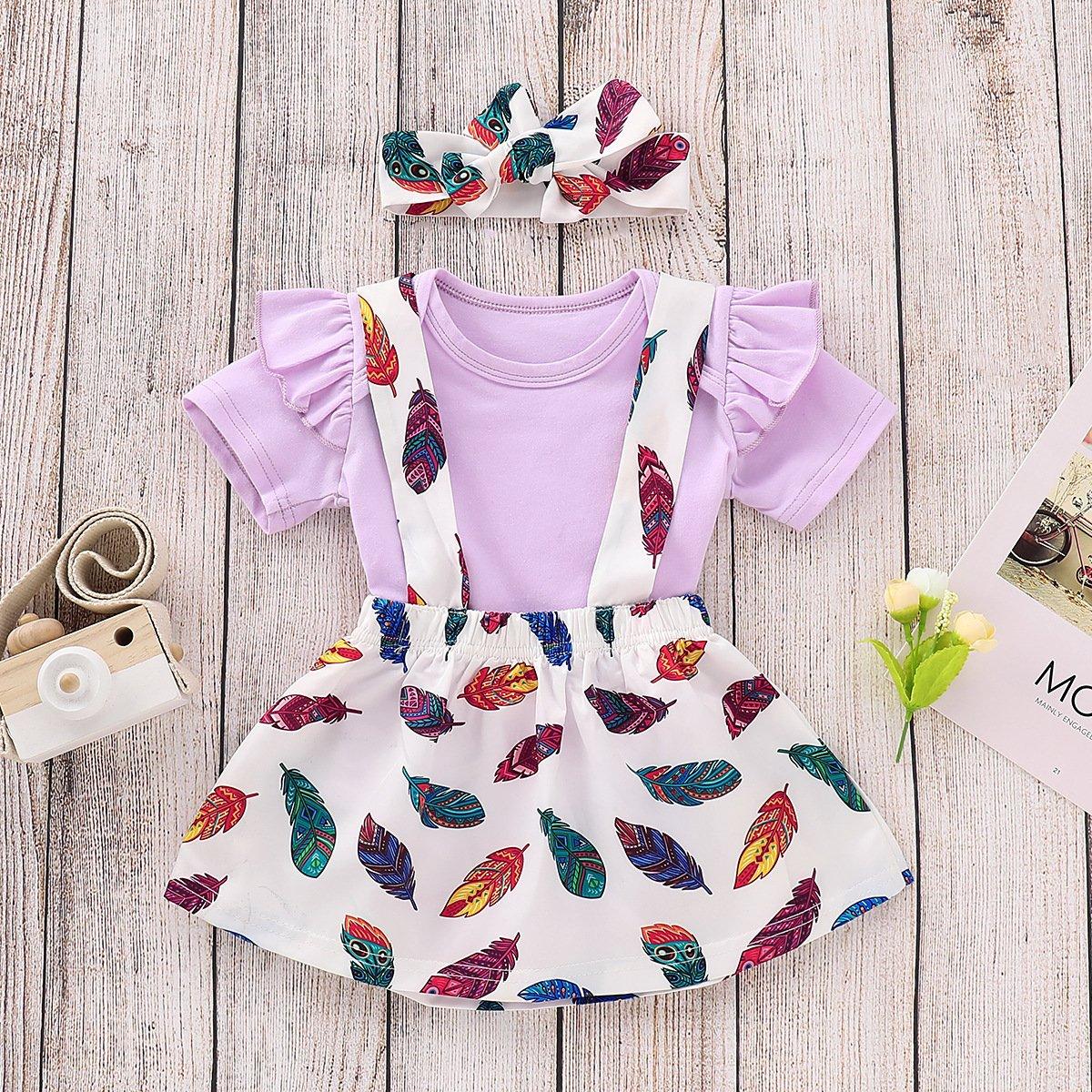 Baby Girl Solid Color Top & Feather Print suspender Skirt - PrettyKid