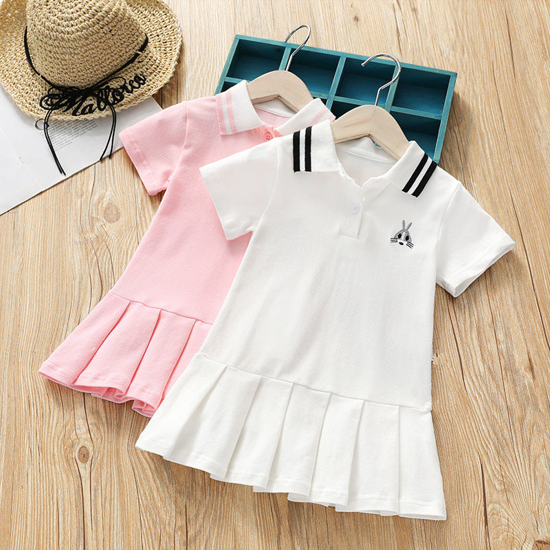Girls Summer Dress Solid Polo Collar Short Sleeve Dress - PrettyKid