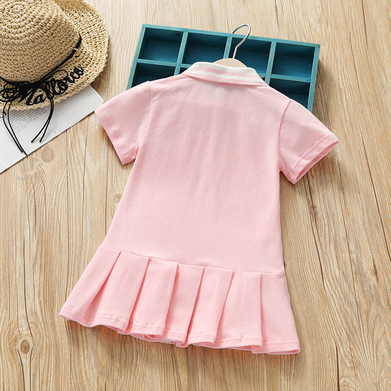 Girls Summer Dress Solid Polo Collar Short Sleeve Dress - PrettyKid