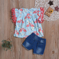 Toddler kids Girls' printed short sleeve top denim shorts two piece set - PrettyKid