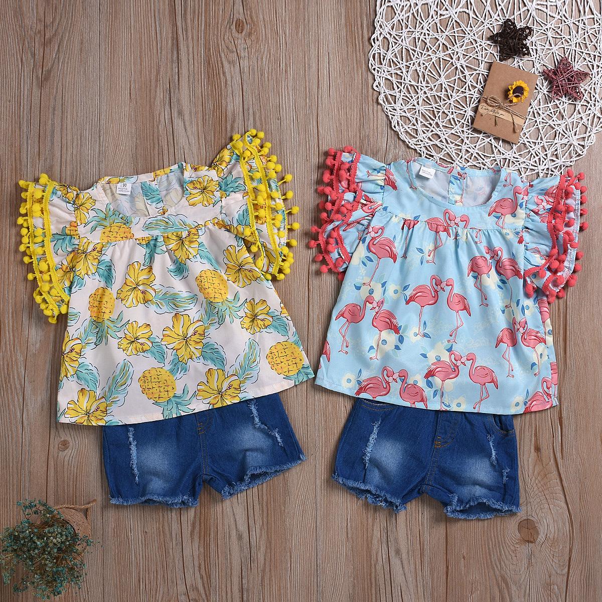 Toddler kids Girls' printed short sleeve top denim shorts two piece set - PrettyKid