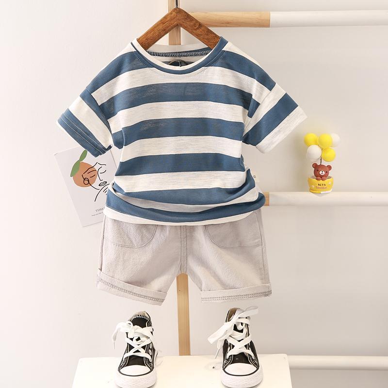 2-piece Solid Strip Short-sleeve Top and Shorts for Children - PrettyKid