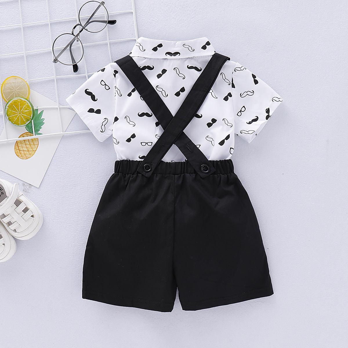 Baby Boys Cartoon Beard Printed Short-sleeved Shirt Solid Color Backpack Pants Bow Tie Set - PrettyKid