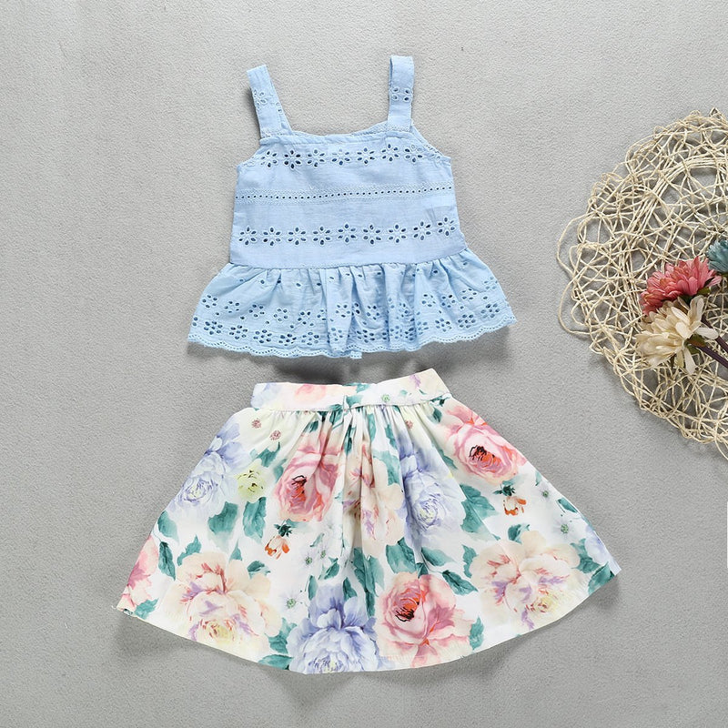 Toddler Girls Suspenders Lace Top Flower Short Skirt - PrettyKid
