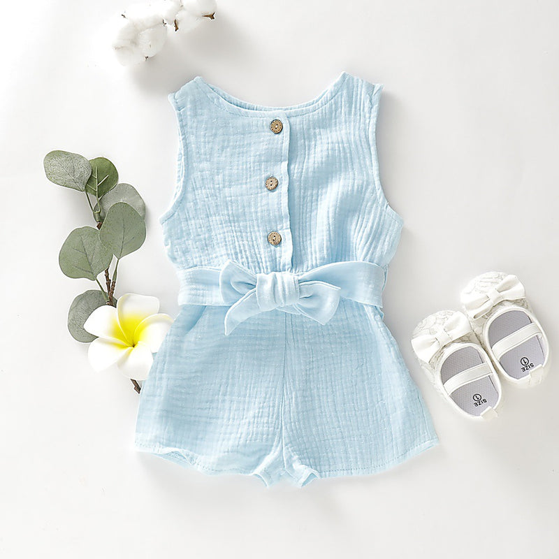 Baby Girl Solid Bow Tie Waistband Sleeveless Jumpsuit - PrettyKid