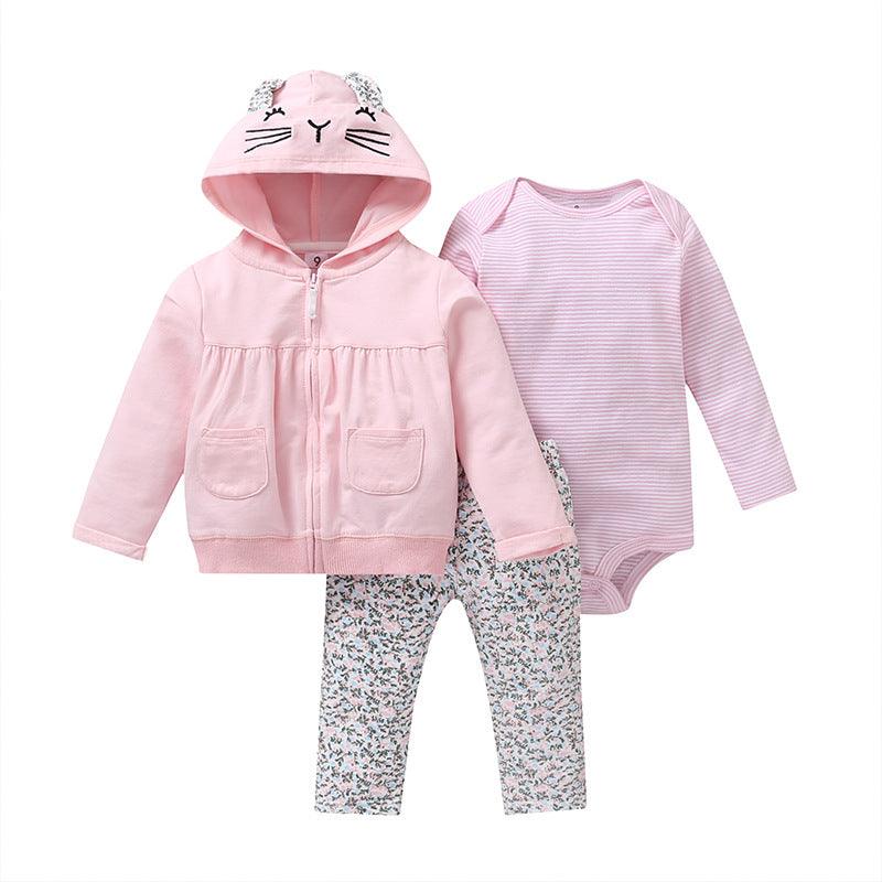 Spring and Autumn Wild Baby Boys and Girls Striped Cartoon Trousers Long Sleeve Hooded Three-piece Pants Set - PrettyKid