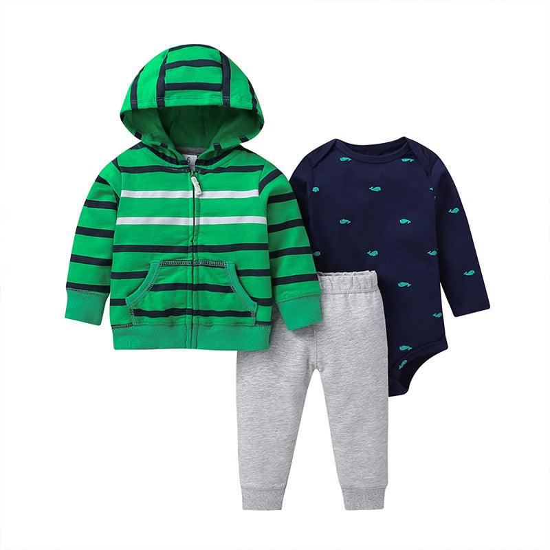 Spring and Autumn Wild Baby Boys and Girls Striped Cartoon Trousers Long Sleeve Hooded Three-piece Pants Set - PrettyKid