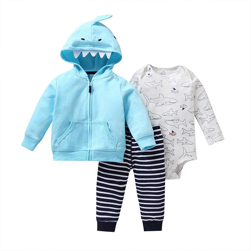 Spring and Autumn Wild Baby Boys and Girls Striped Cartoon Trousers Long Sleeve Hooded Three-piece Pants Set - PrettyKid