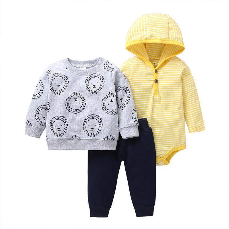 Spring and Autumn Wild Baby Boys and Girls Striped Cartoon Trousers Long Sleeve Hooded Three-piece Pants Set - PrettyKid