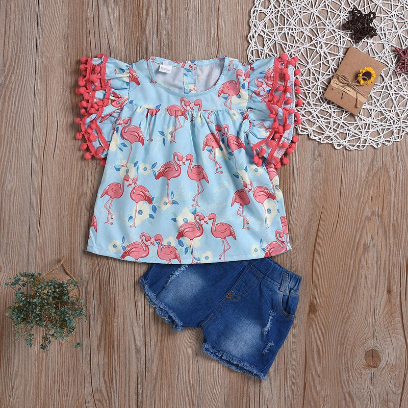 Toddler kids Girls' printed short sleeve top denim shorts two piece set - PrettyKid