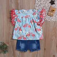 Toddler kids Girls' printed short sleeve top denim shorts two piece set - PrettyKid