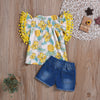 Toddler kids Girls' printed short sleeve top denim shorts two piece set - PrettyKid