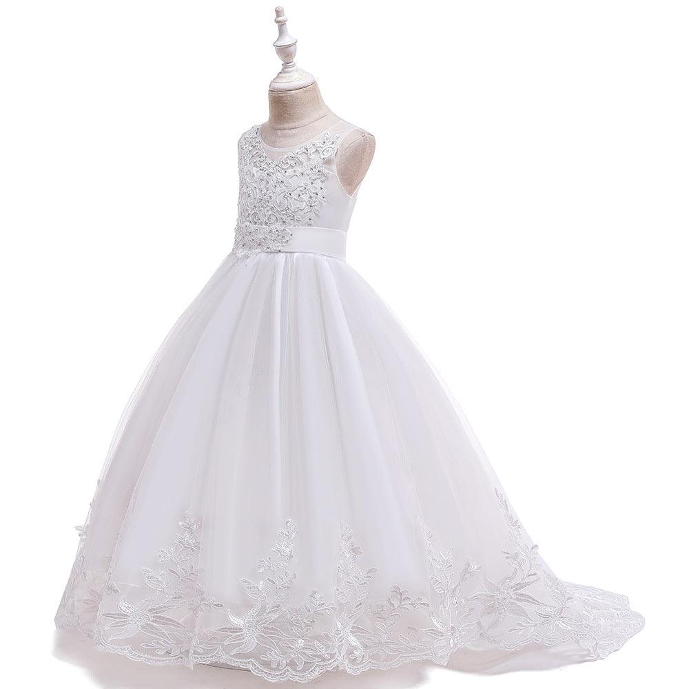 Girls Bow Embroidered Tailed Wedding Dress - PrettyKid