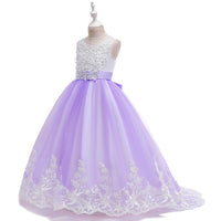 Girls Bow Embroidered Tailed Wedding Dress - PrettyKid