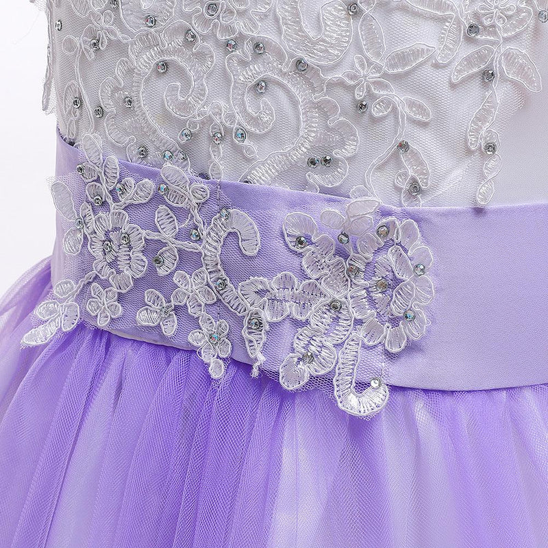 Girls Bow Embroidered Tailed Wedding Dress - PrettyKid