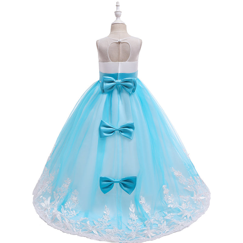 Girls Bow Embroidered Tailed Wedding Dress - PrettyKid