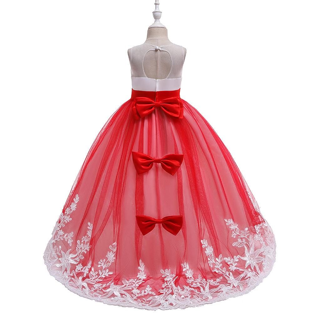 Girls Bow Embroidered Tailed Wedding Dress - PrettyKid