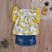 Toddler kids Girls' printed short sleeve top denim shorts two piece set - PrettyKid