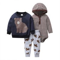 Spring and Autumn Wild Baby Boys and Girls Striped Cartoon Trousers Long Sleeve Hooded Three-piece Pants Set - PrettyKid