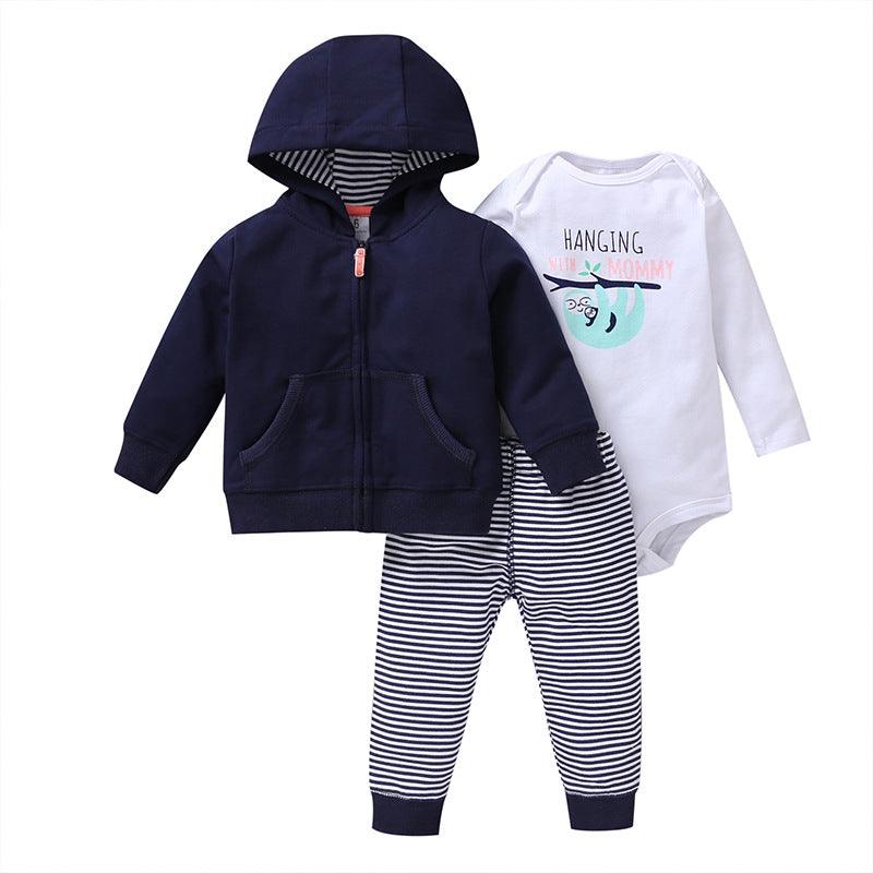 Spring and Autumn Wild Baby Boys and Girls Striped Cartoon Trousers Long Sleeve Hooded Three-piece Pants Set - PrettyKid