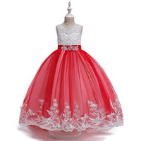 Girls Bow Embroidered Tailed Wedding Dress - PrettyKid