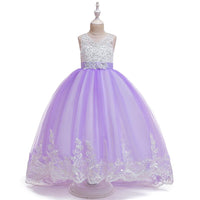 Girls Bow Embroidered Tailed Wedding Dress - PrettyKid