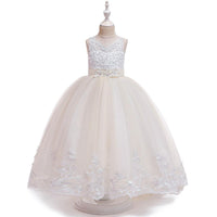 Girls Bow Embroidered Tailed Wedding Dress - PrettyKid