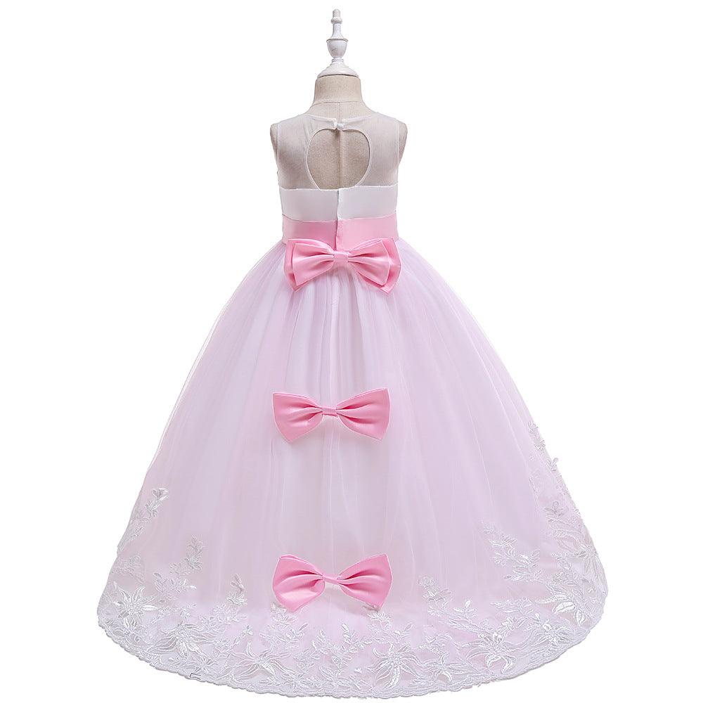 Girls Bow Embroidered Tailed Wedding Dress - PrettyKid