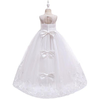 Girls Bow Embroidered Tailed Wedding Dress - PrettyKid