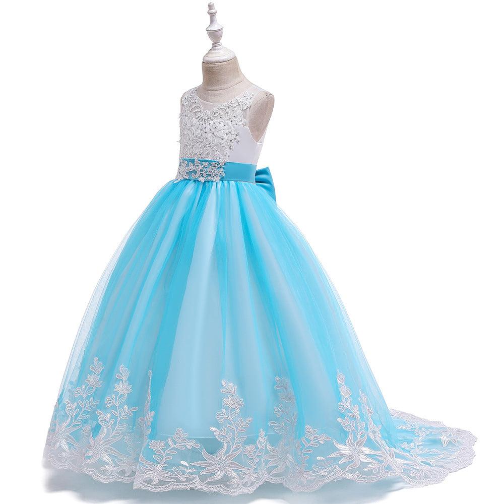 Girls Bow Embroidered Tailed Wedding Dress - PrettyKid