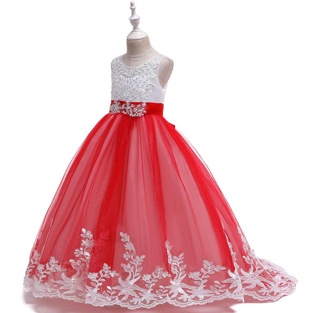 Girls Bow Embroidered Tailed Wedding Dress - PrettyKid