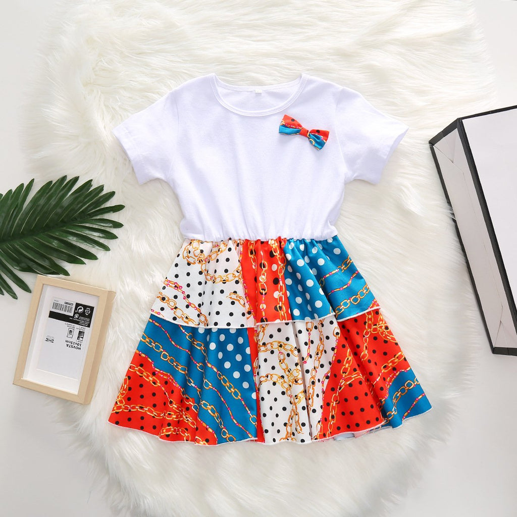 Toddler Girl White Short Sleeve Splice Dress Contrast Pleated Skirt - PrettyKid