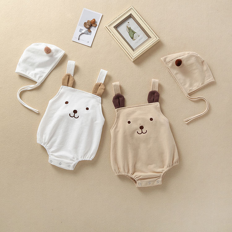 2022 Spring and Autumn Models Infant and Toddler Baby Boys and Girls Cute Little Bear Sleeveless Straps Cotton Harness Hat Two-piece Set - PrettyKid