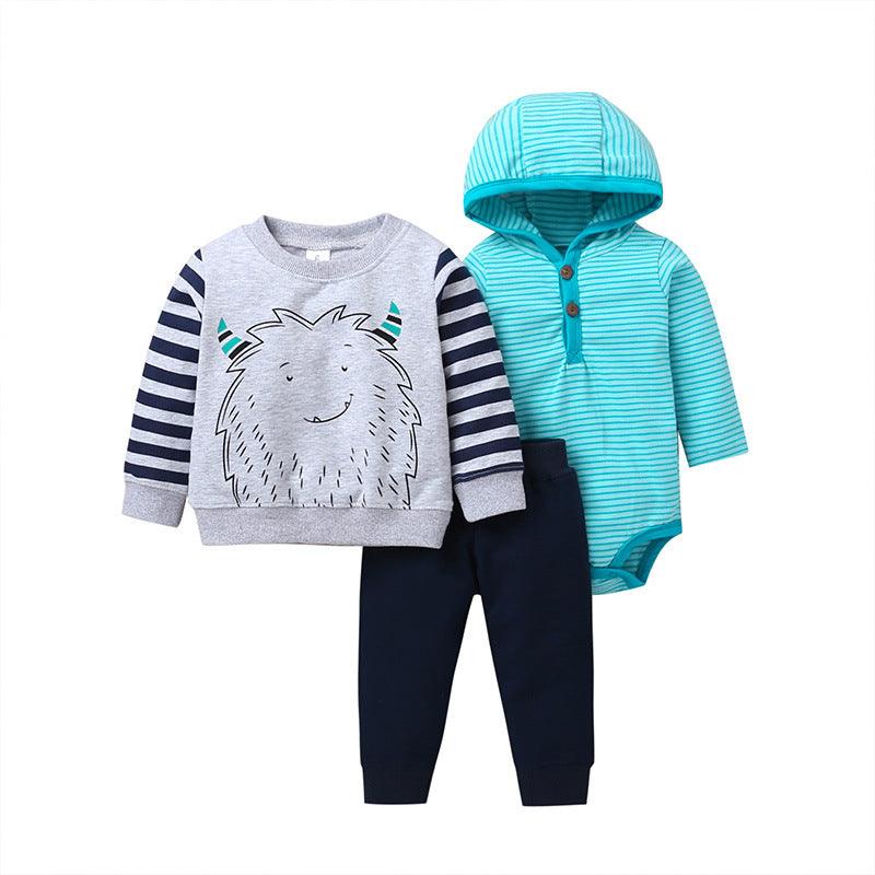 Spring and Autumn Wild Baby Boys and Girls Striped Cartoon Trousers Long Sleeve Hooded Three-piece Pants Set - PrettyKid