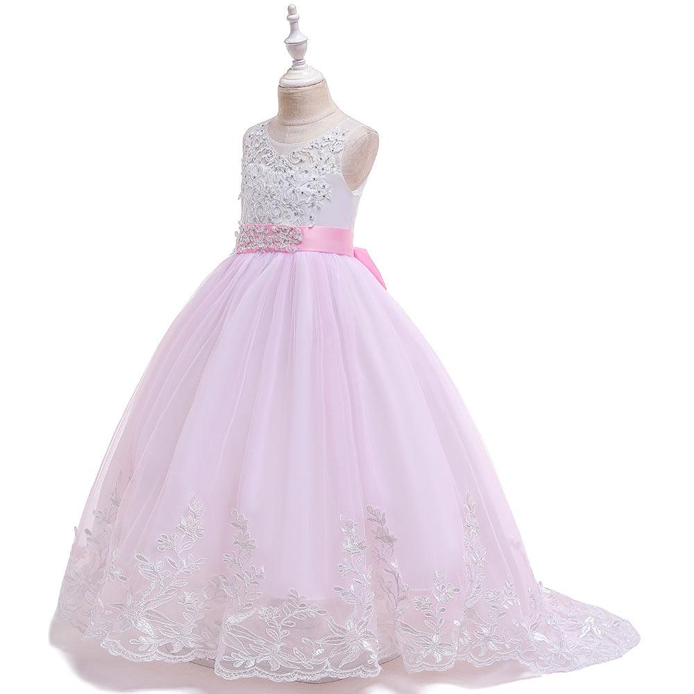 Girls Bow Embroidered Tailed Wedding Dress - PrettyKid