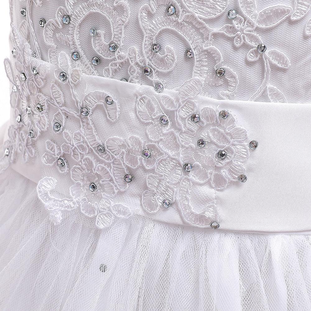 Girls Bow Embroidered Tailed Wedding Dress - PrettyKid