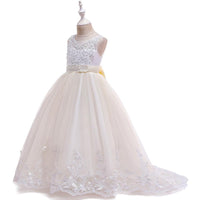 Girls Bow Embroidered Tailed Wedding Dress - PrettyKid