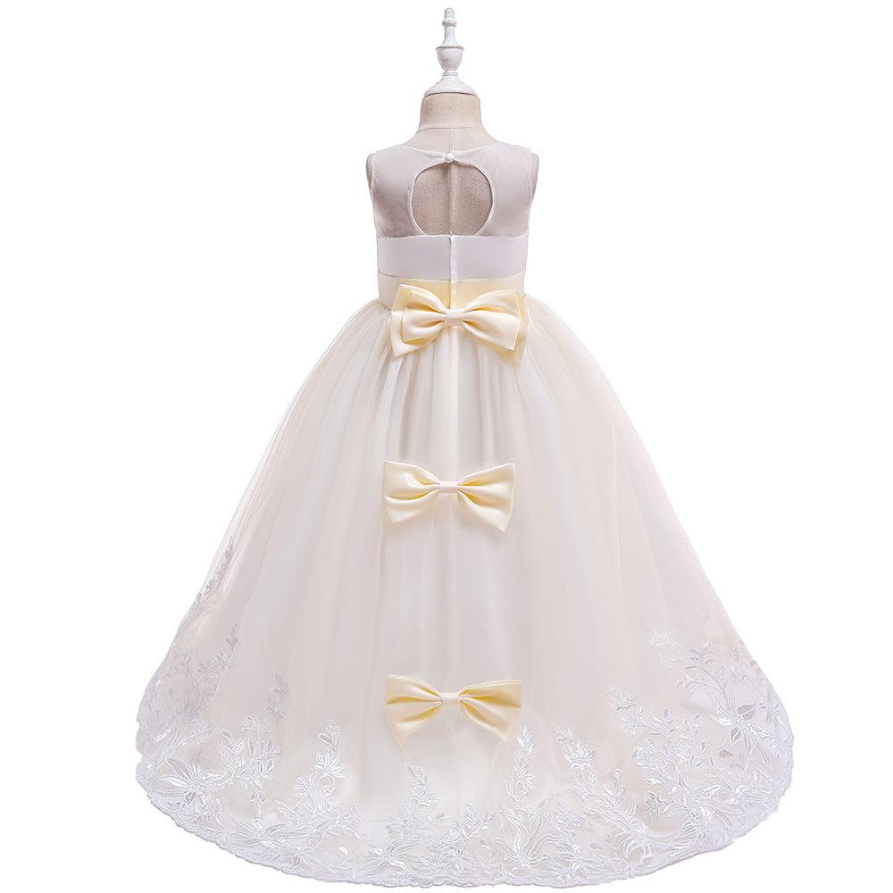 Girls Bow Embroidered Tailed Wedding Dress - PrettyKid