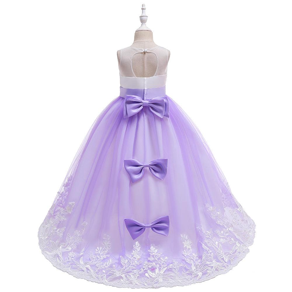 Girls Bow Embroidered Tailed Wedding Dress - PrettyKid