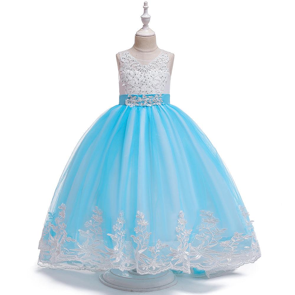 Girls Bow Embroidered Tailed Wedding Dress - PrettyKid