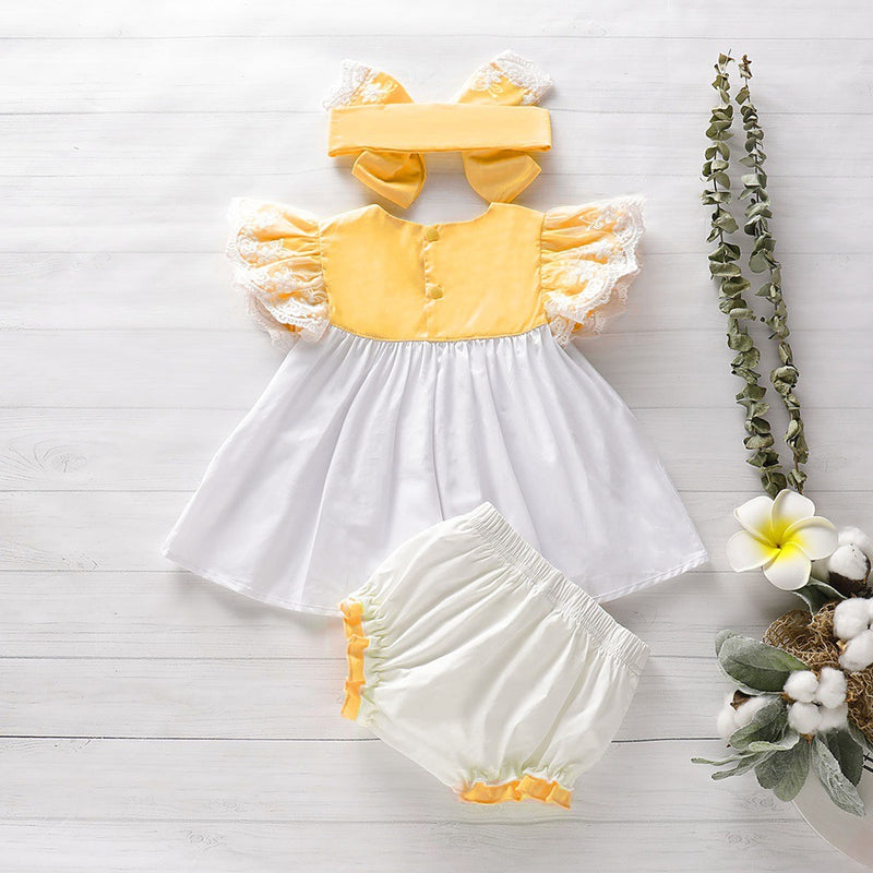 Toddler Girl Solid Coloured Neckline Clashing Lace Patchwork Top Bow Tie Shorts Headband Set - PrettyKid