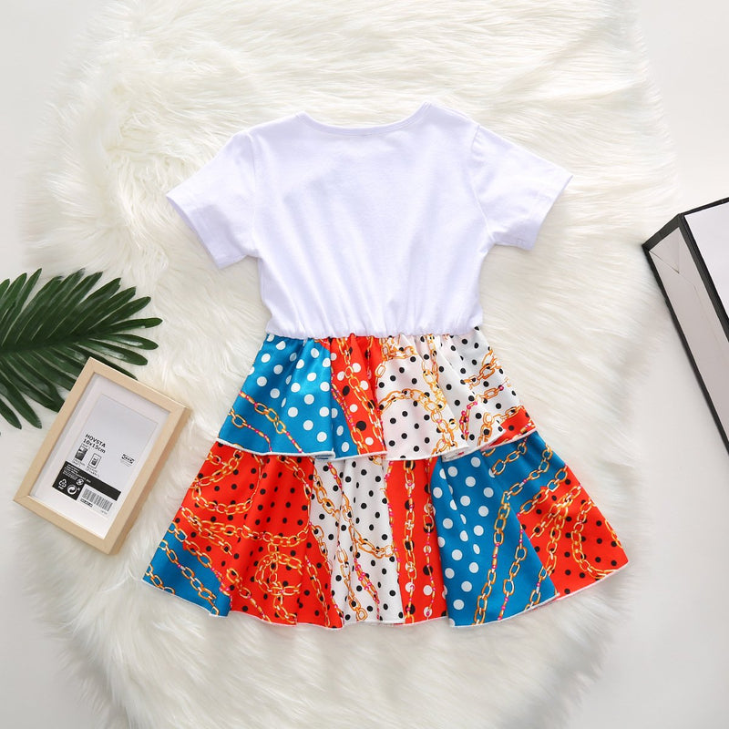Toddler Girl White Short Sleeve Splice Dress Contrast Pleated Skirt - PrettyKid