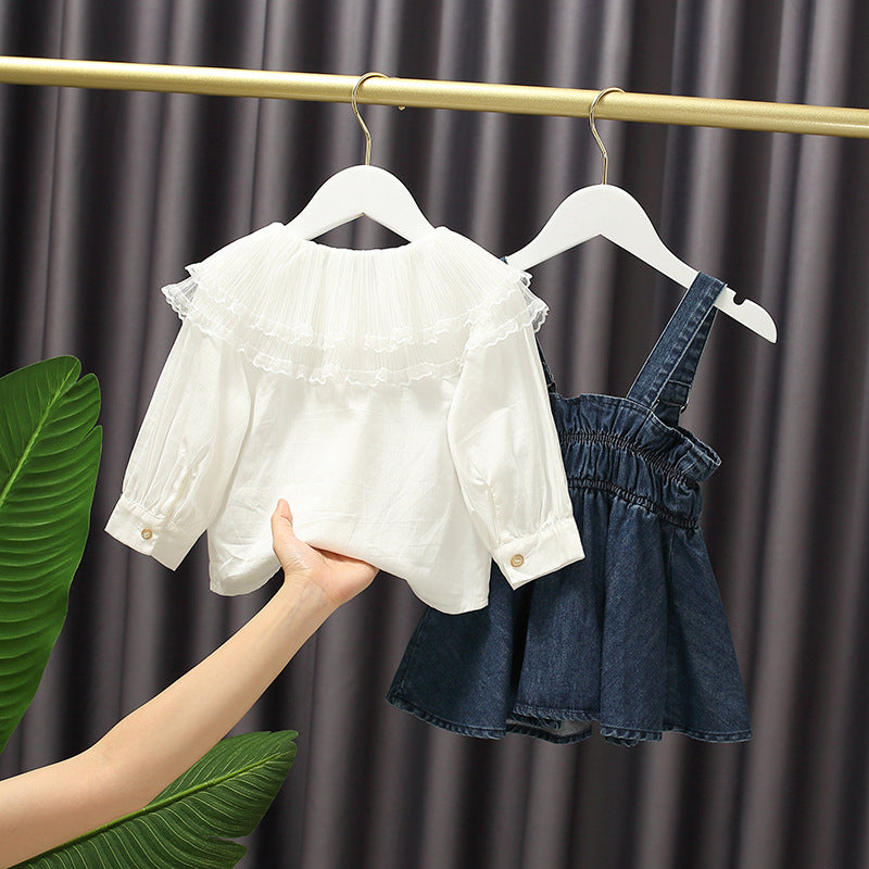 18months-4years Toddler Girl Sets Shirt & Denim Suspender Skirt Wholesale Little Girl Clothing - PrettyKid