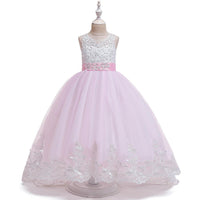 Girls Bow Embroidered Tailed Wedding Dress - PrettyKid