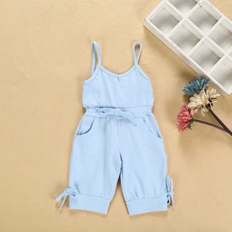 Toddler Kids Girl Solid Cotton Suspender Bow Jumpsuit Pants - PrettyKid
