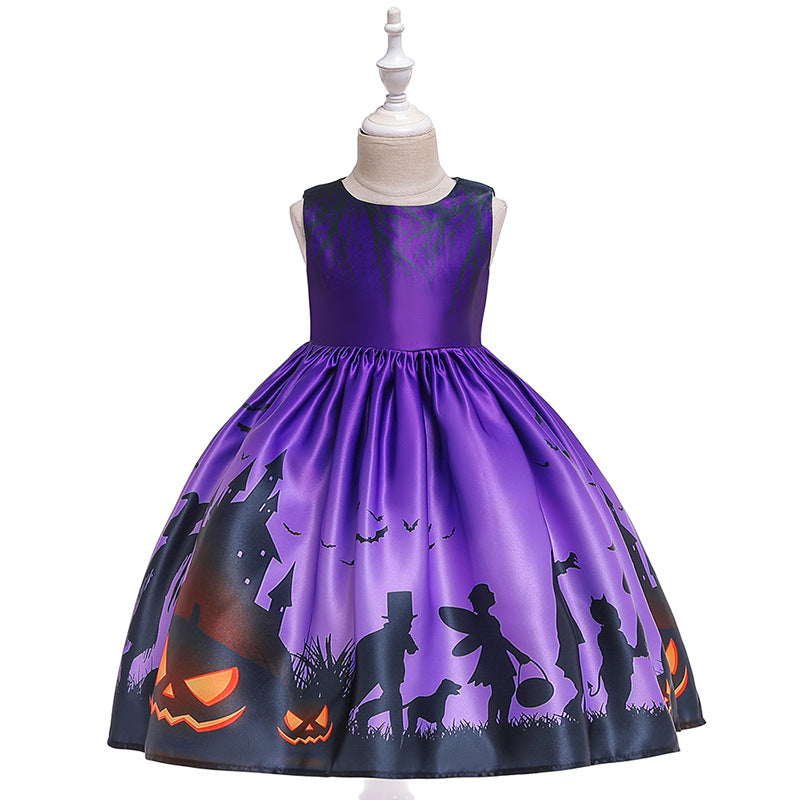 Children Kids Sleeveless Satin Pumpkin Print Halloween Dress - PrettyKid