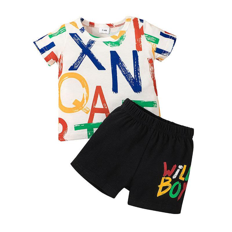 Baby Boys Colorful Letters T-Shirt And Short Sleeves Two Piece Baby Sets - PrettyKid