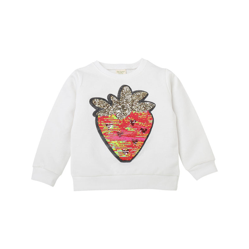 Toddler Kids Girl Solid Cartoon Strawberry Bead Round Neck Long Sleeve Sweater Top - PrettyKid