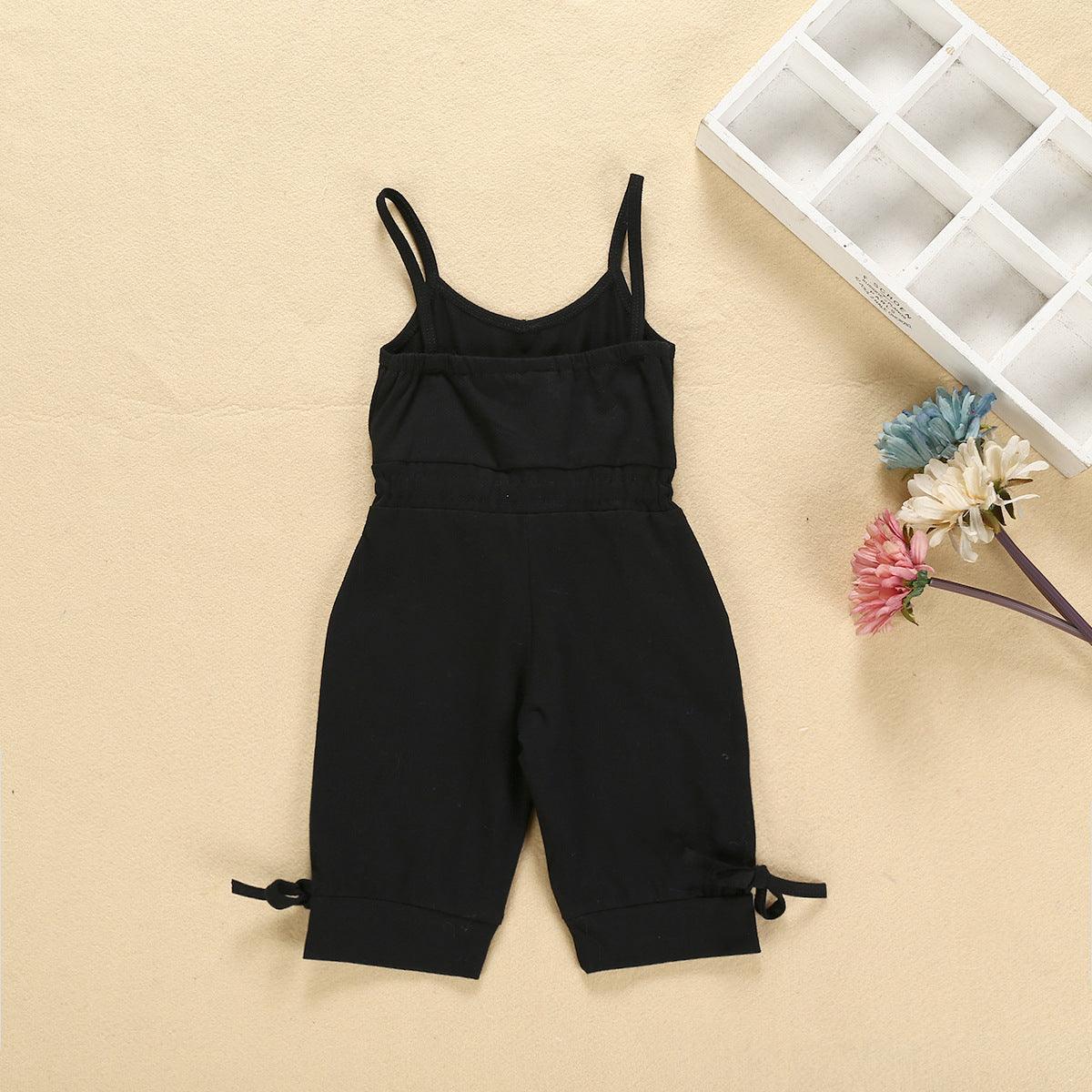 Toddler Kids Girl Solid Cotton Suspender Bow Jumpsuit Pants - PrettyKid